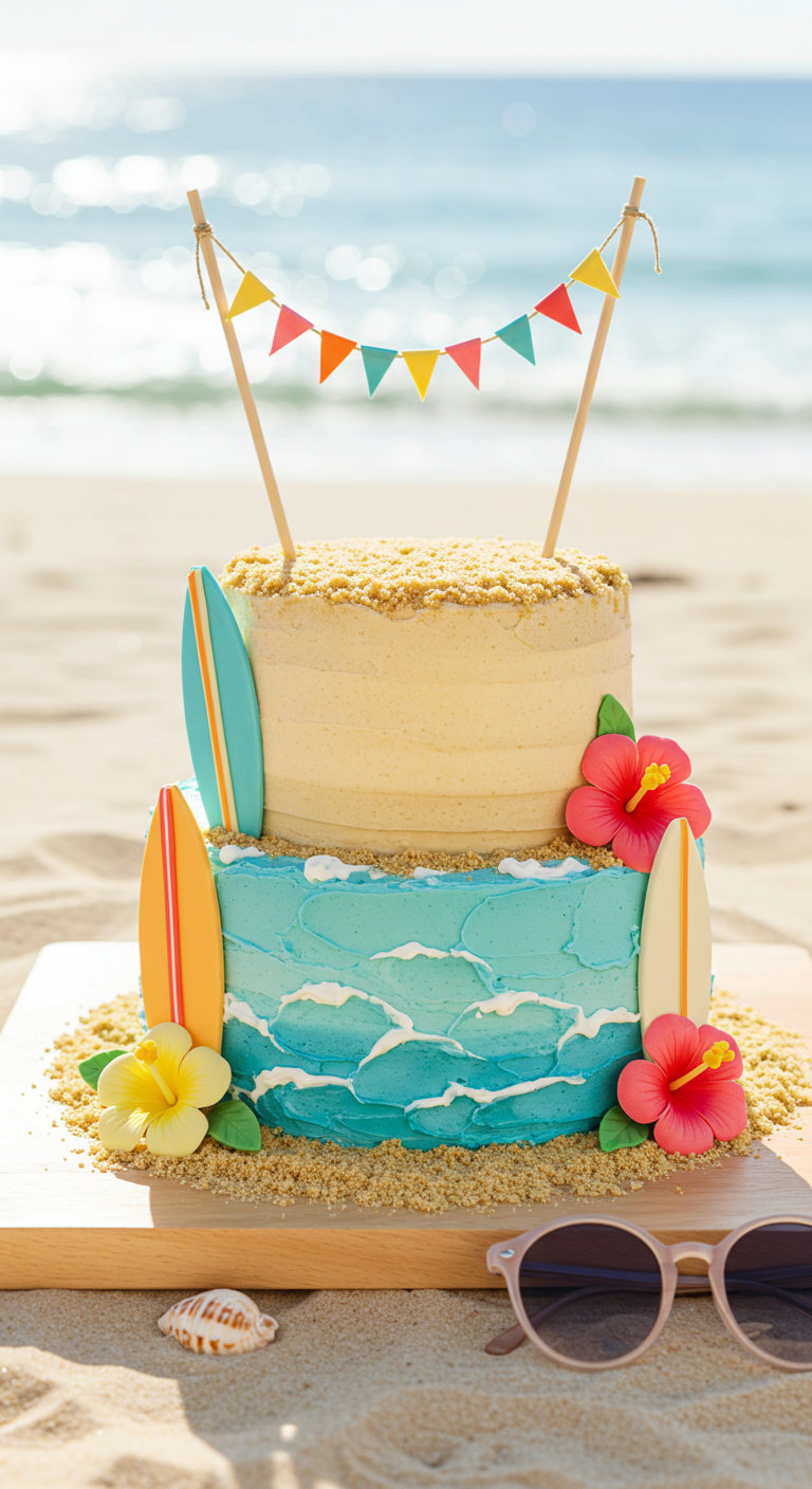 Zweistöckige Strandtorte mit Surfbrettern, Hibiskusblüten und Sand-Effekt.