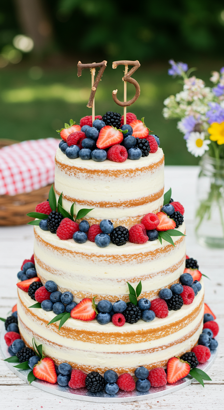 Dreistöckiger Naked Cake üppig mit verschiedenen frischen Beeren belegt.
