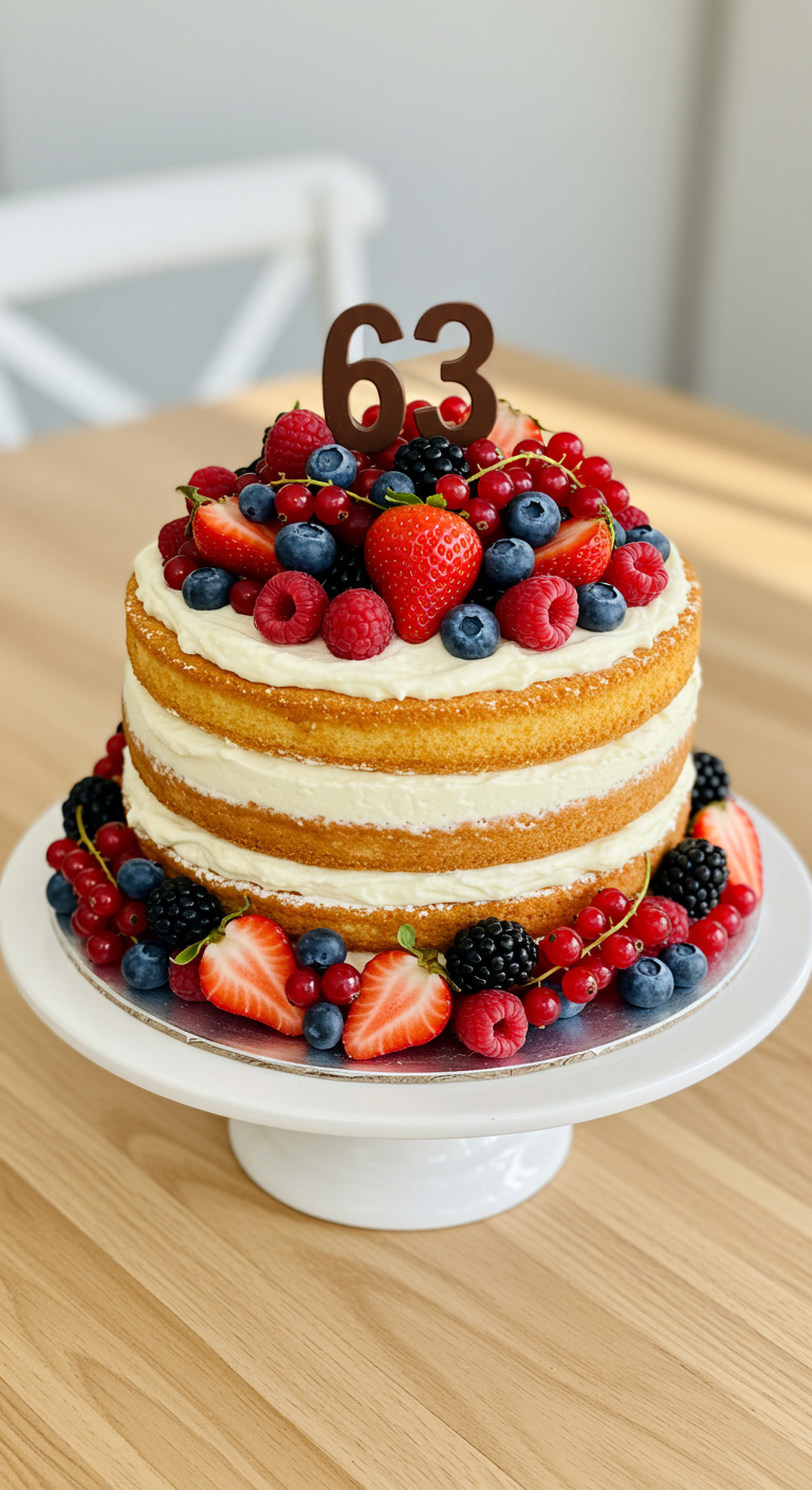 Hoher Naked Cake mit mehreren Schichten, großzügig belegt mit diversen frischen Beeren.