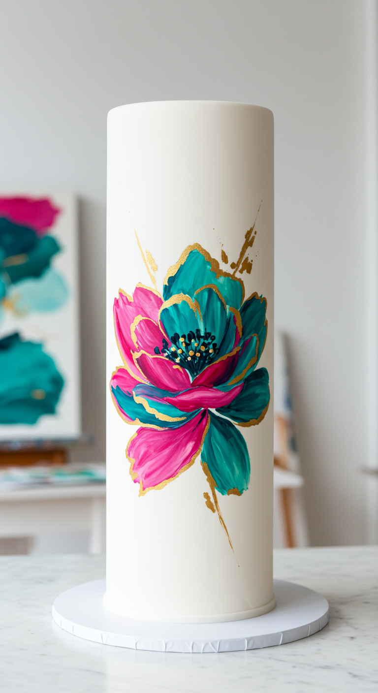 Hohe weiße Torte mit einer großen, handgemalten pink-türkisen Blüte und Goldakzenten.