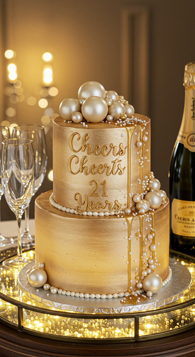 Zweistöckige goldene Torte dekoriert wie Champagner mit Blasen und Tropfen.