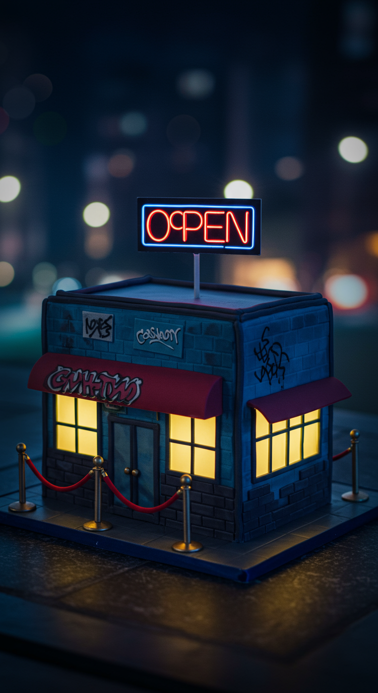 Torte in Form eines Clubeingangs mit beleuchteten Fenstern und Neon-Open-Schild.