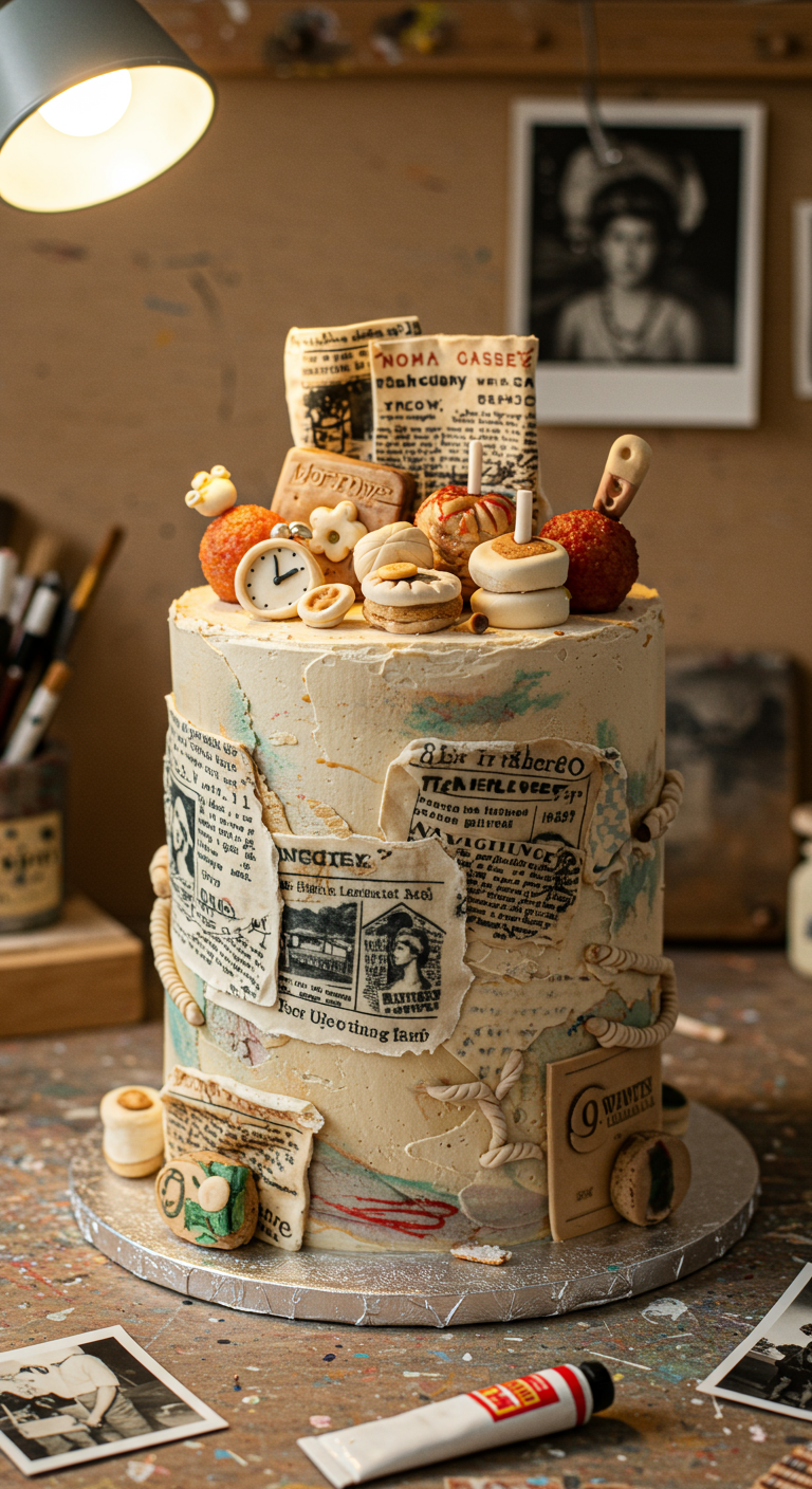 Torte dekoriert mit Esspapier-Zeitungsausschnitten, Macarons und anderen kleinen Elementen im Collage-Stil.