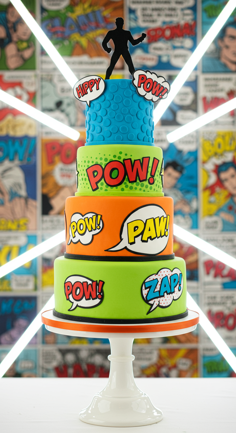 Bunte mehrstöckige Comic-Torte mit Sprechblasen und Superhelden-Topper.
