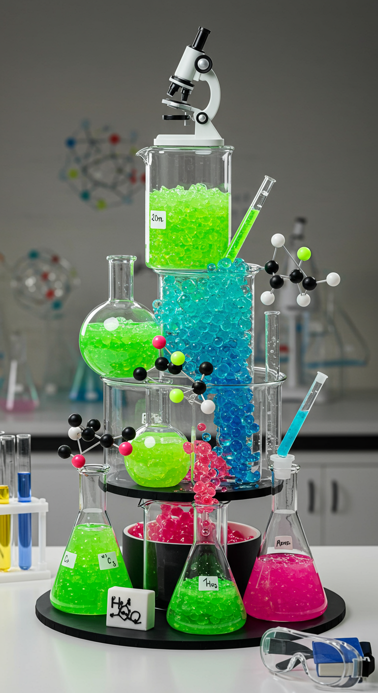 Kreative Torte als Chemielabor mit Bechergläsern und Molekül-Deko.
