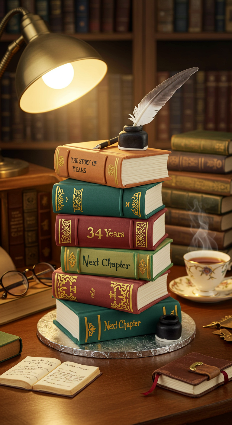 Torte in Form eines Bücherstapels mit Titeln wie „Next Chapter“ und „34 Years“.