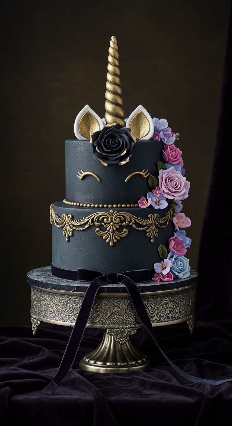 Dunkelgraue zweistöckige Einhorntorte mit goldenen Ornamenten und bunten sowie schwarzen Blumen.