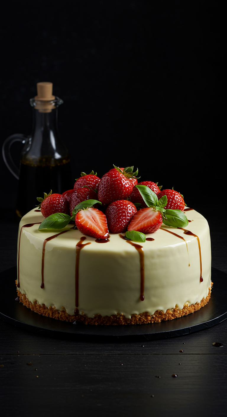 Weiße glatte Torte mit Erdbeeren, Basilikum und Balsamico-Reduktion.