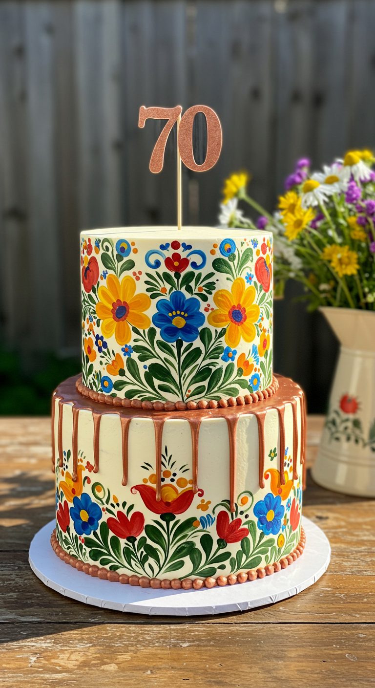 Zweistöckige weiße Torte mit bunten, handgemalten folkloristischen Blumenmustern.