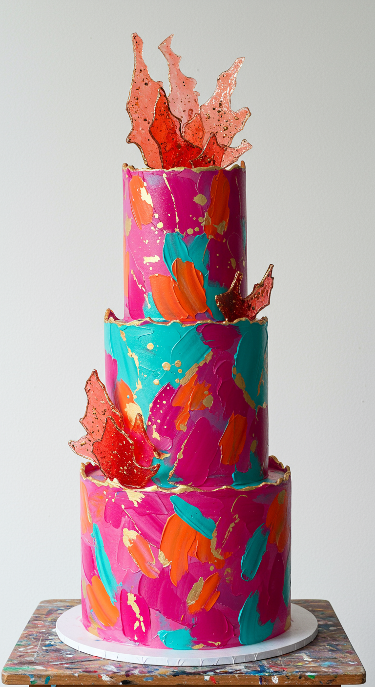 Dreistöckige Torte mit abstrakter Bemalung in Pink, Türkis, Orange und Goldakzenten.