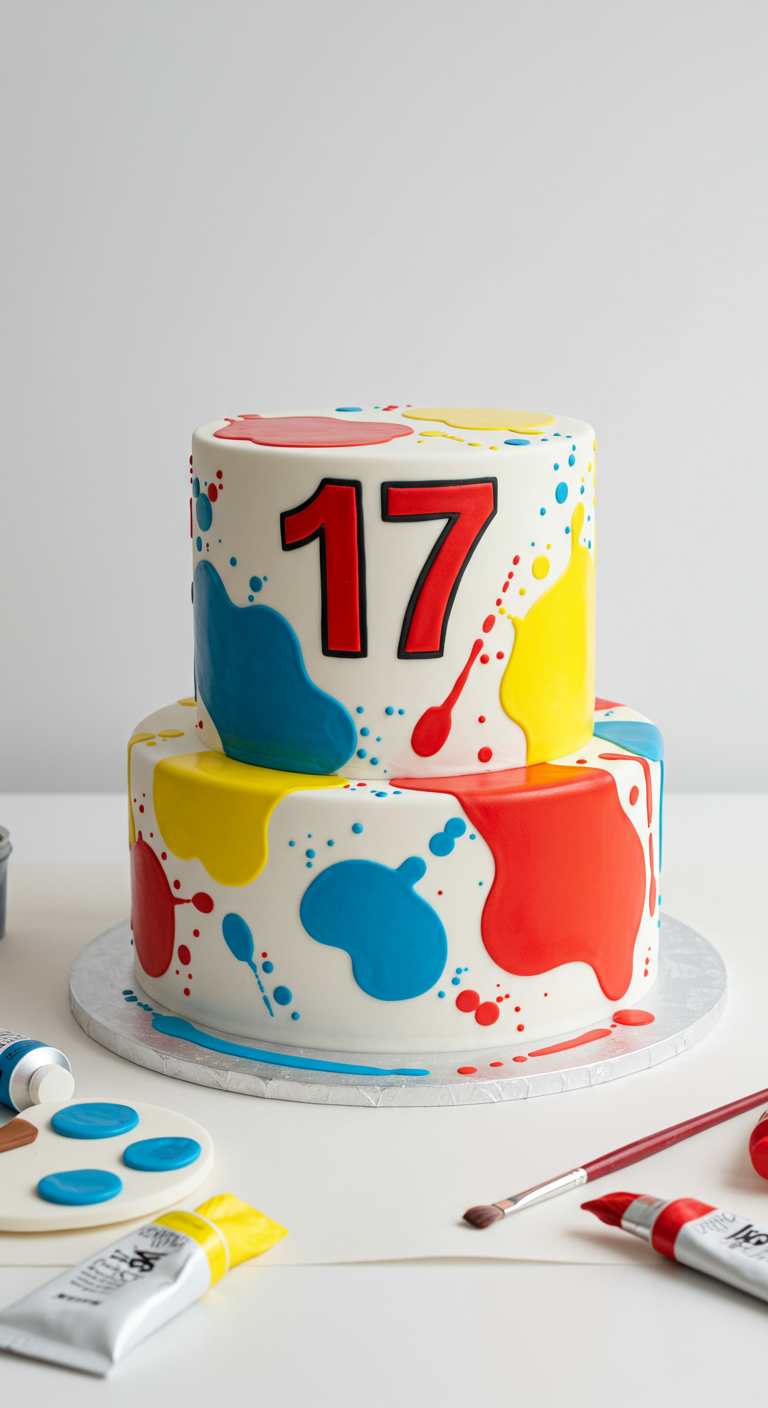 Zweistöckige weiße Torte mit bunten Farbklecksen und Zahl 17.