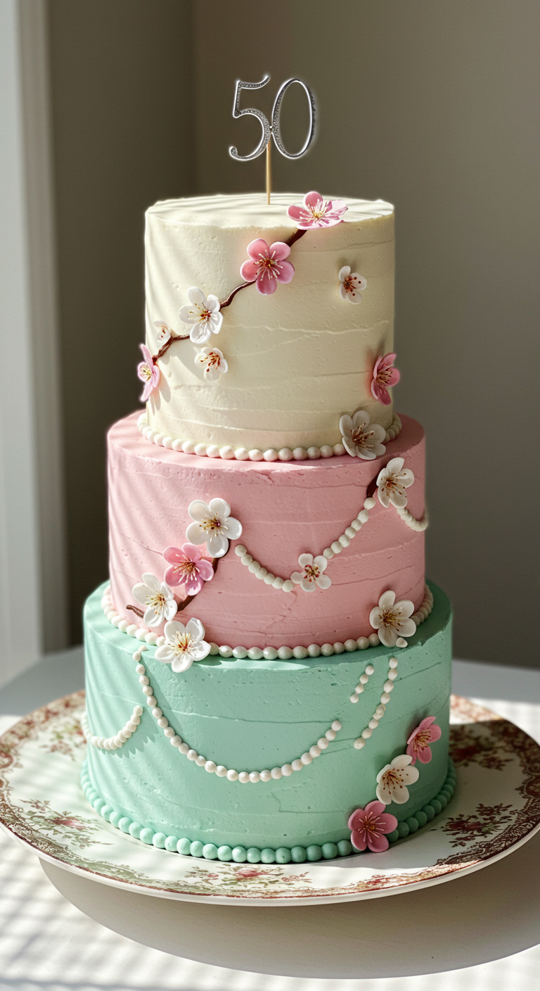 Dreistöckige Torte in Weiß, Rosa und Mint mit Zucker-Kirschblüten und Perlen.