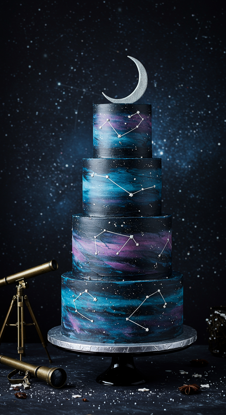 Vierstöckige Torte in Galaxy-Optik (Blau, Lila, Schwarz) mit Sternbildern und silbernem Mond-Topper.