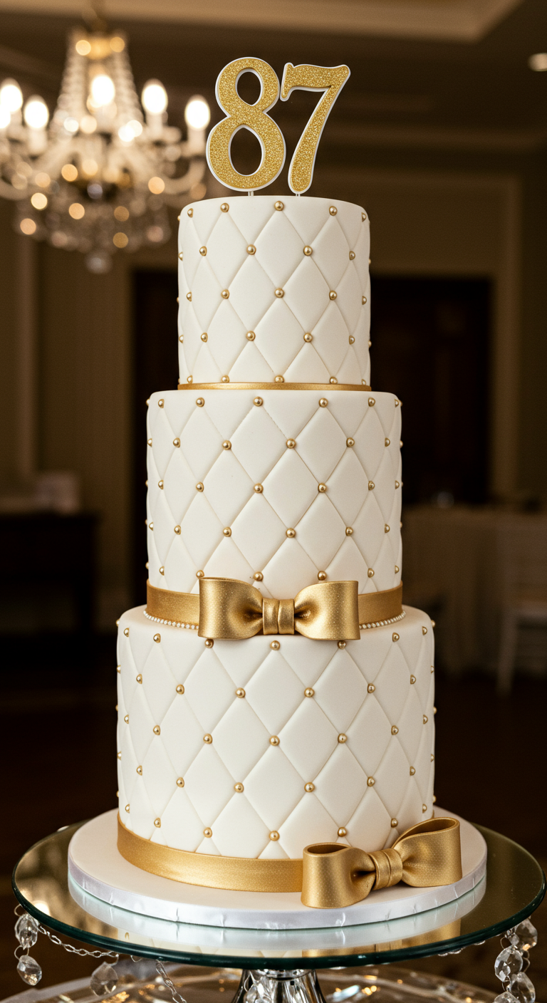 Dreistöckige weiße Torte mit goldenem Rautenmuster und Goldschleifen.