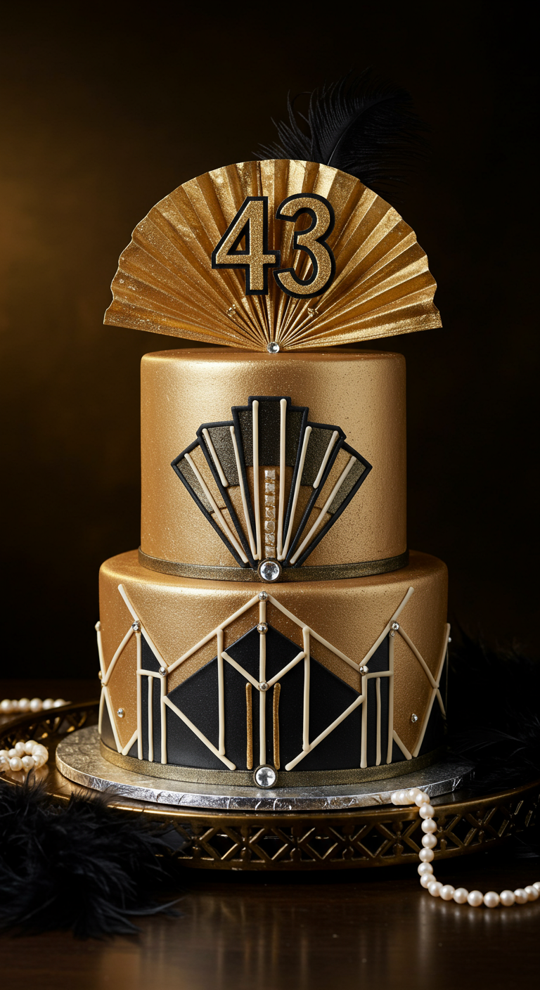 Zweistöckige Art-Deco-Torte in Gold und Schwarz mit Fächer.