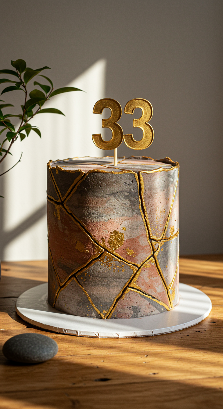 Grau-rosa melierte Kintsugi-Torte mit goldenen Rissen, '33' Topper auf Holztisch.
