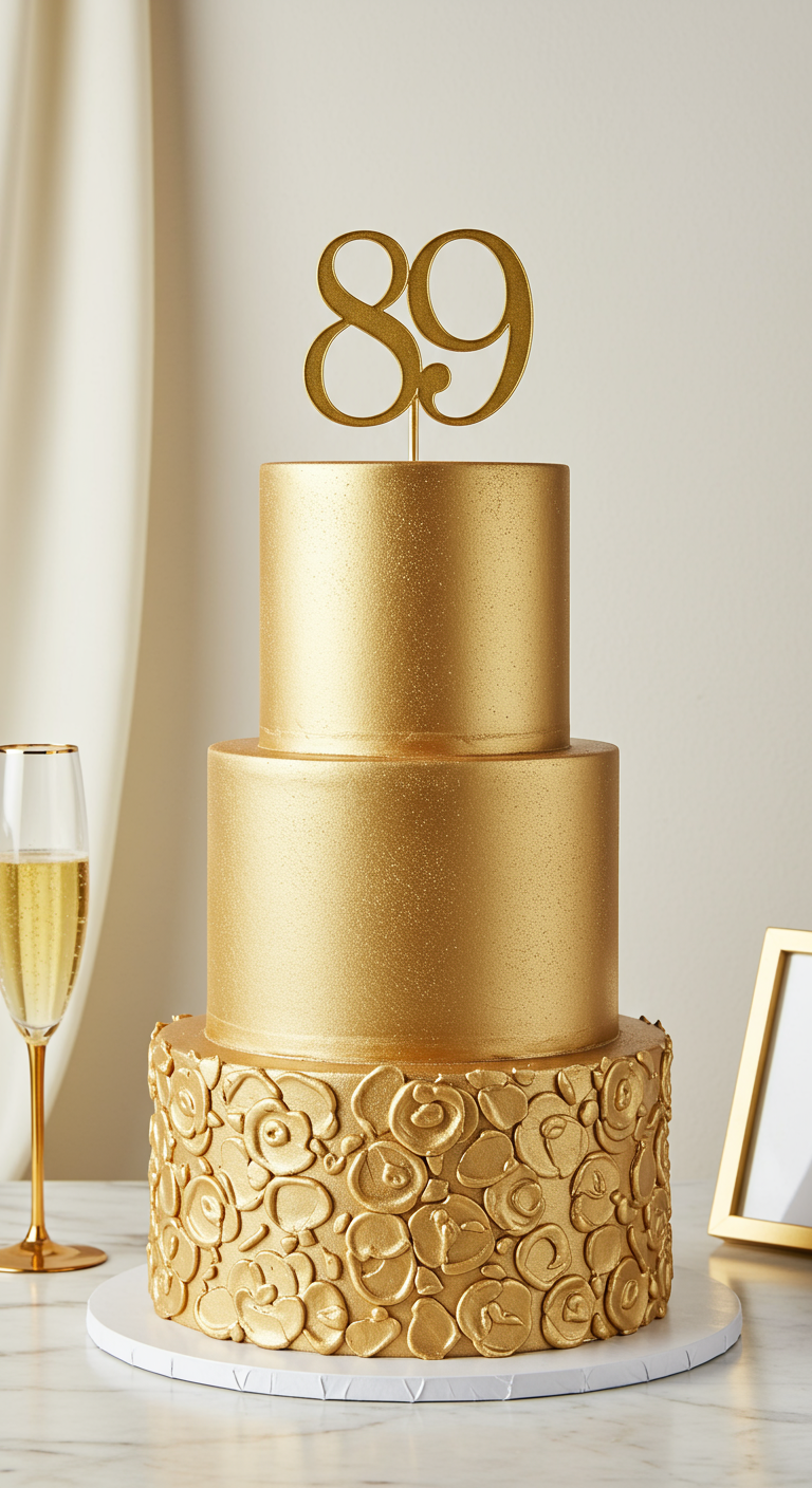 Dreistöckige Torte, komplett in Gold gehüllt, untere Etage mit plastischem Rosenmuster.