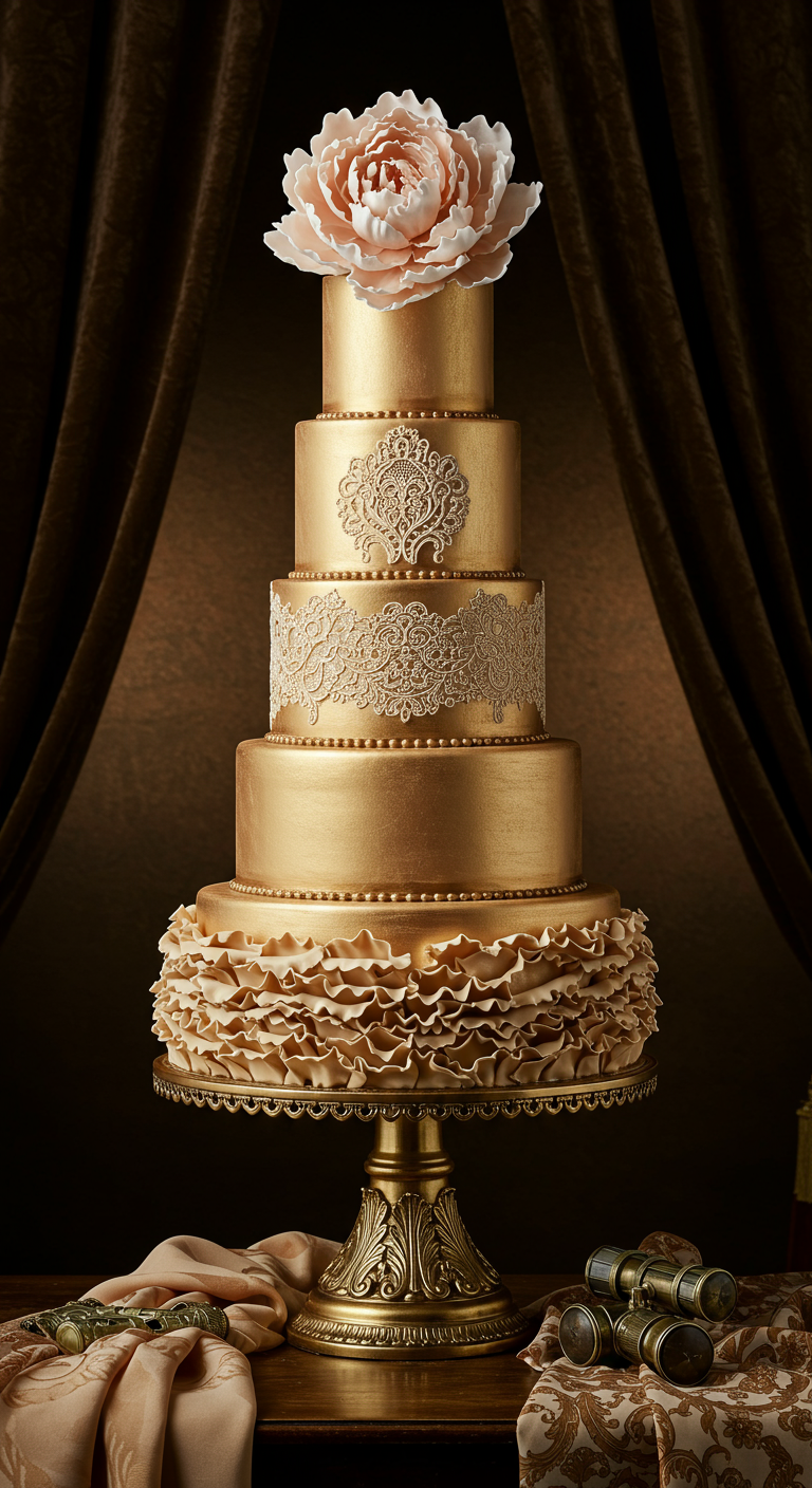 Mehrstöckige goldene Torte mit Spitze, Rüschen und großer Pfingstrose.