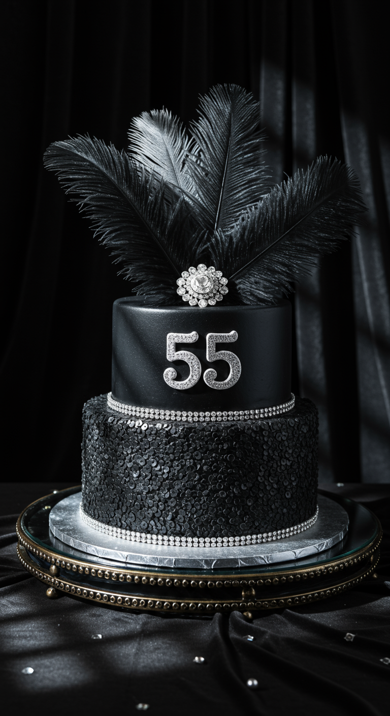 Zweistöckige schwarze Torte mit Pailletten, Federn und Strass-Zahl 55.