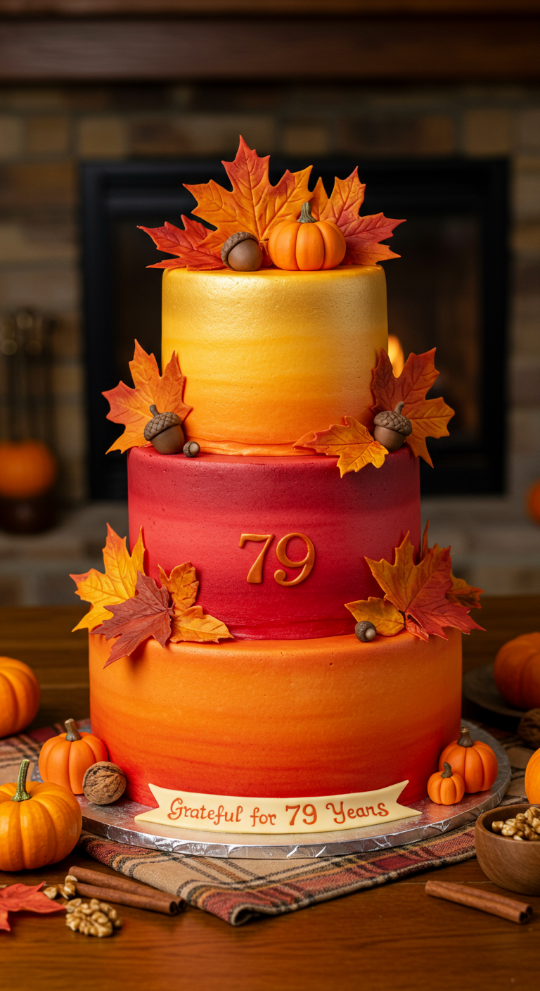 Dreistöckige Torte in herbstlichen Ombré-Farben (Orange, Rot, Gold) mit Zucker-Ahornblättern.