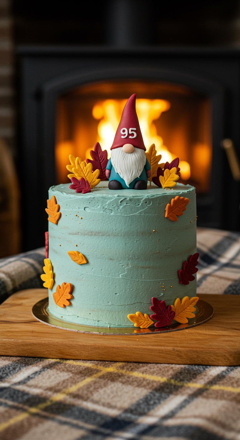 Hellblaue Torte mit Fondant-Wichtel, bunten Herbstblättern und Kamin im Hintergrund.