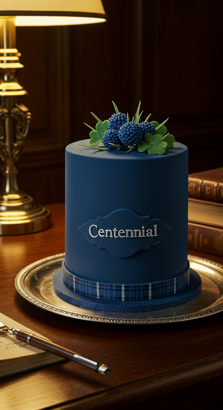 Dunkelblaue Torte mit Tartan-Band, Brombeeren-Topping und 'Centennial'-Schriftzug.