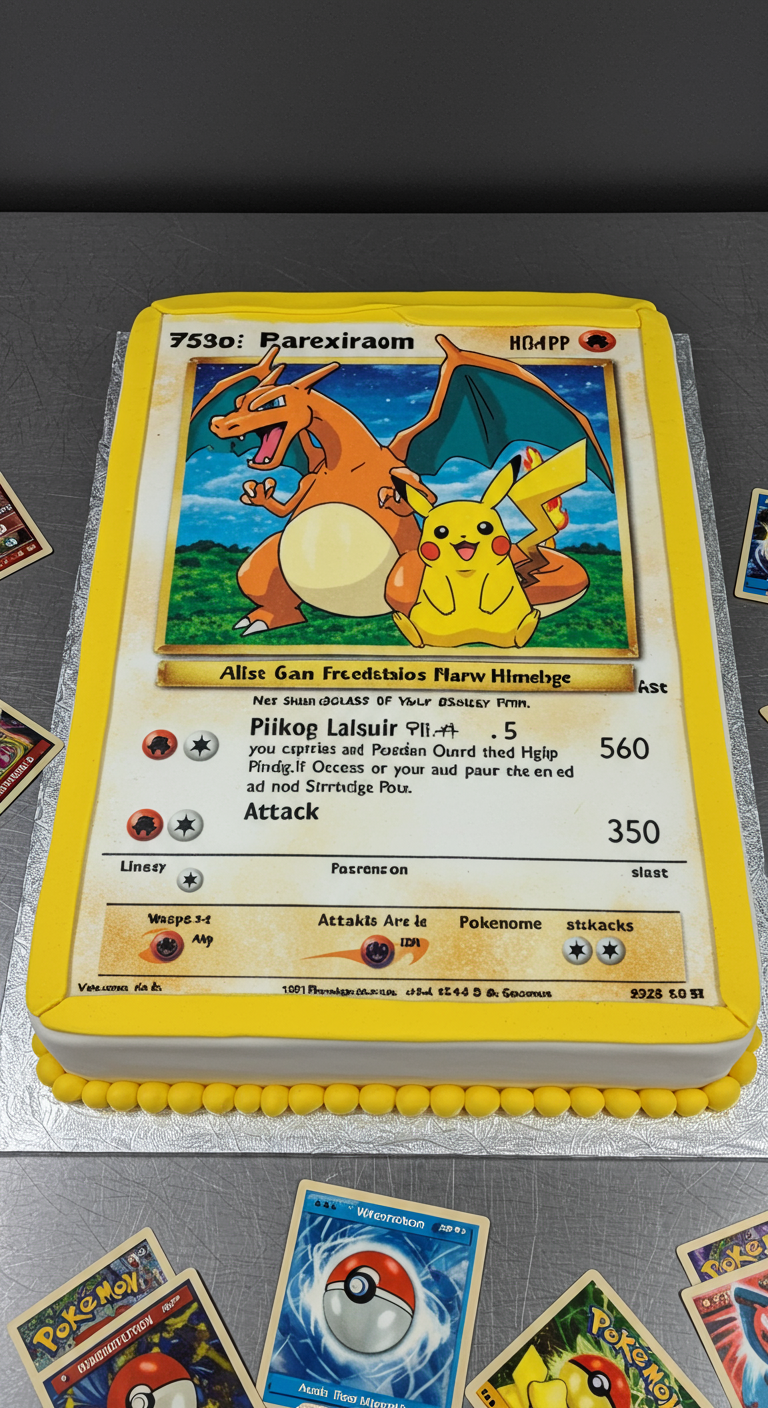 Rechteckige Torte gestaltet als Pokémon Sammelkarte mit Pikachu und Glurak, gelber Rand