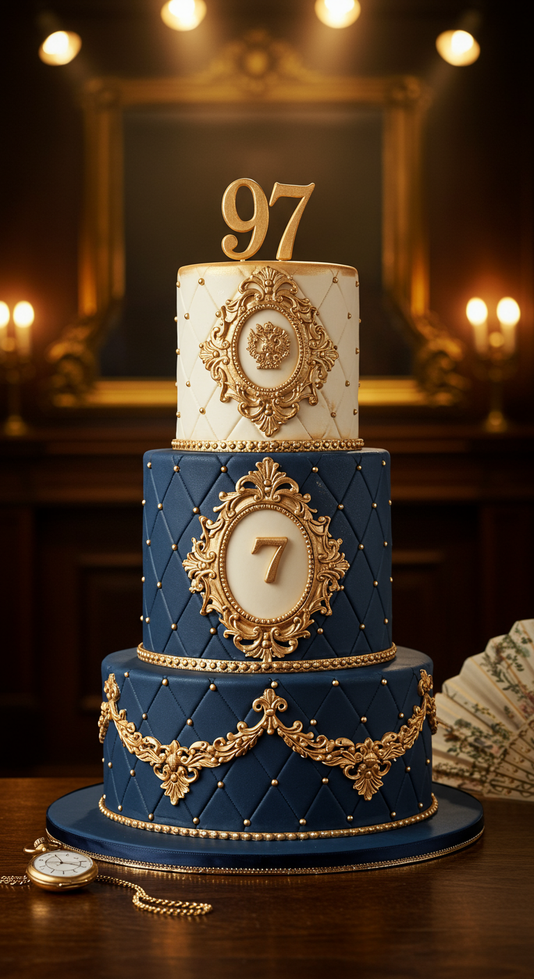 Dreistöckige Torte in Königsblau und Weiß mit goldenen Ornamenten und Zahlen.