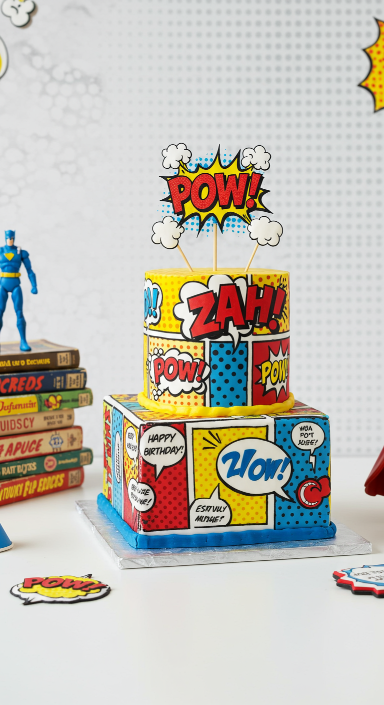 Zweistöckige Torte im Comic-Stil mit Sprechblasen wie