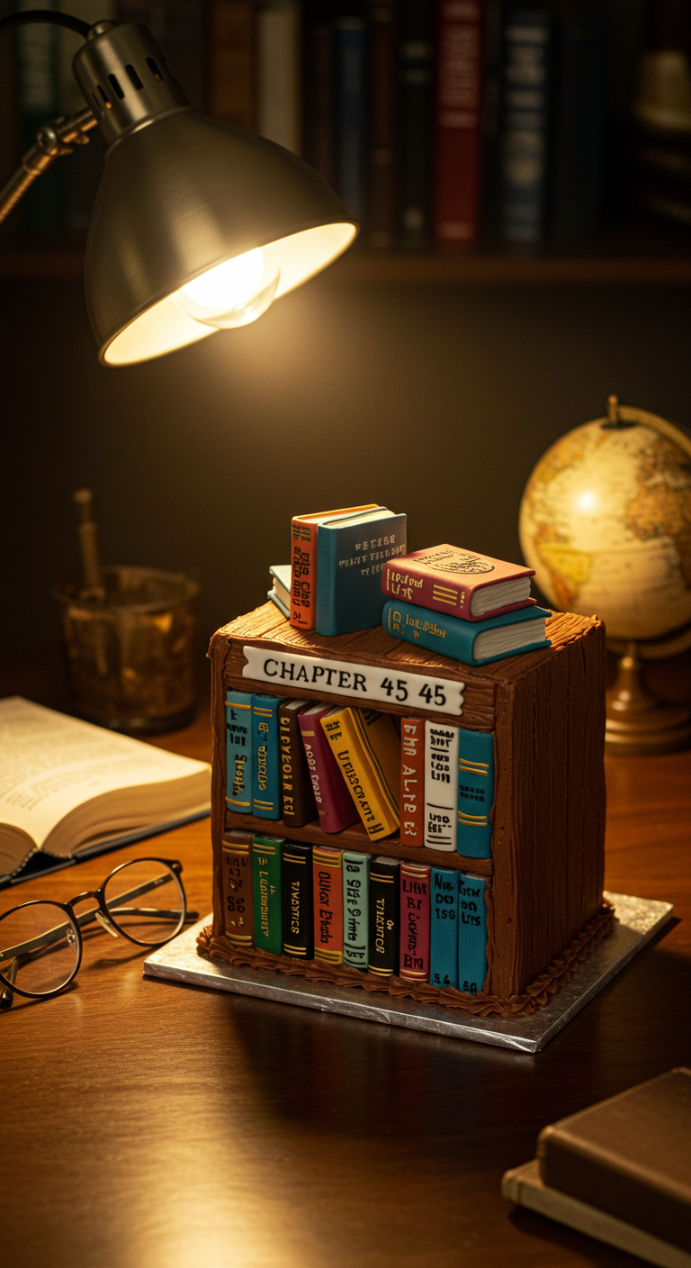 Torte in Form eines Bücherregals mit vielen bunten Büchern, eines zeigt