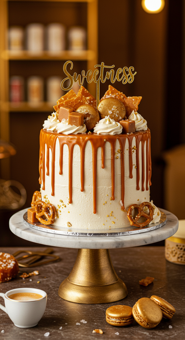 Weiße Torte mit Karamell-Drip, Karamellsplittern, Toffees, Salzbrezeln und