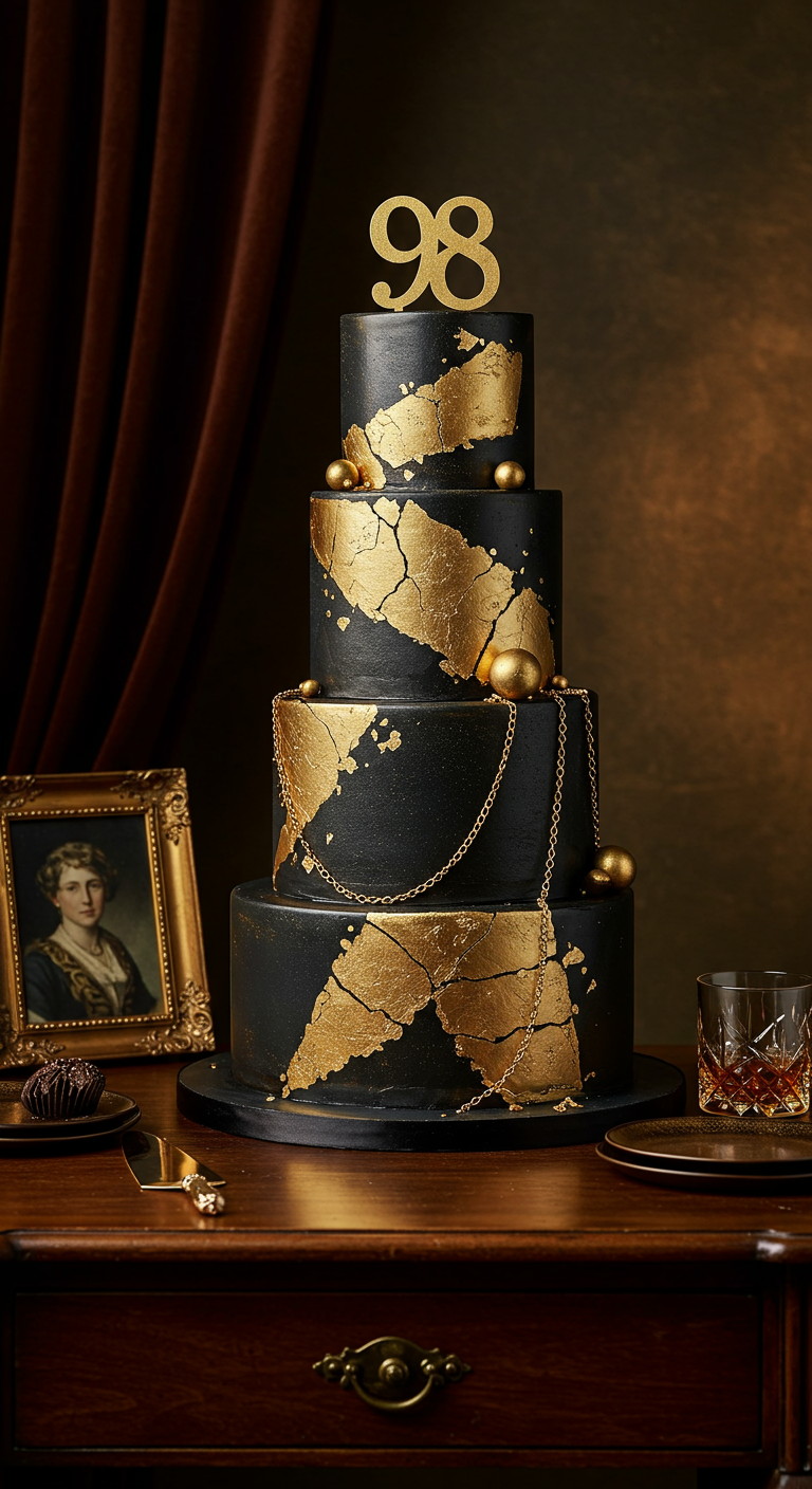 Vierstöckige schwarze Torte mit Goldblatt im Kintsugi-Stil und Goldketten.