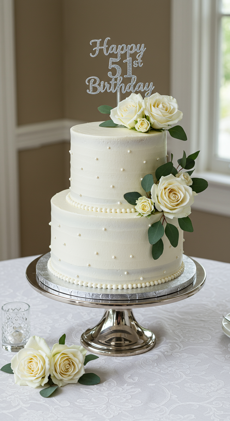 Zweistöckige weiße Torte mit weißen Rosen, Perlen und Glitzer-Topper.