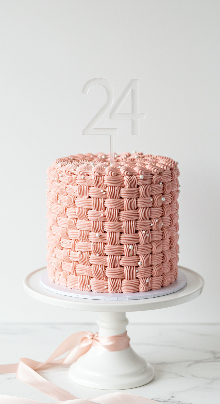 Rosa Torte mit Buttercreme-Korbmuster und weißen Zuckerperlen, durchsichtiger 24-Topper.