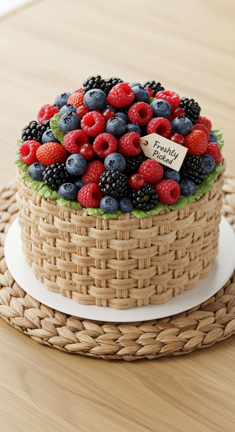 Torte mit Korbgeflecht-Muster, übervoll mit frischen Beeren.