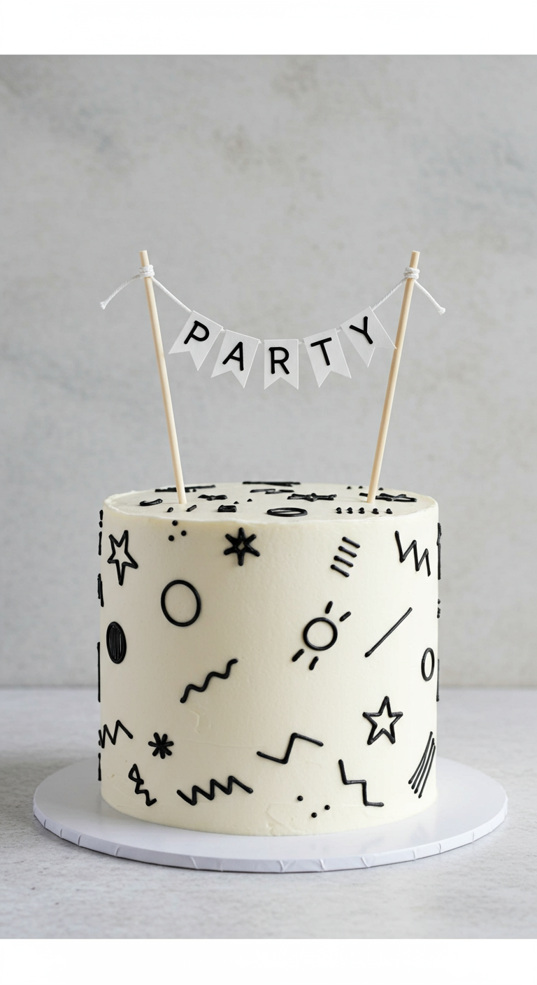 Weiße Torte mit schwarzen, handgezeichneten Kritzel-Symbolen und einem „PARTY“-Wimpel.