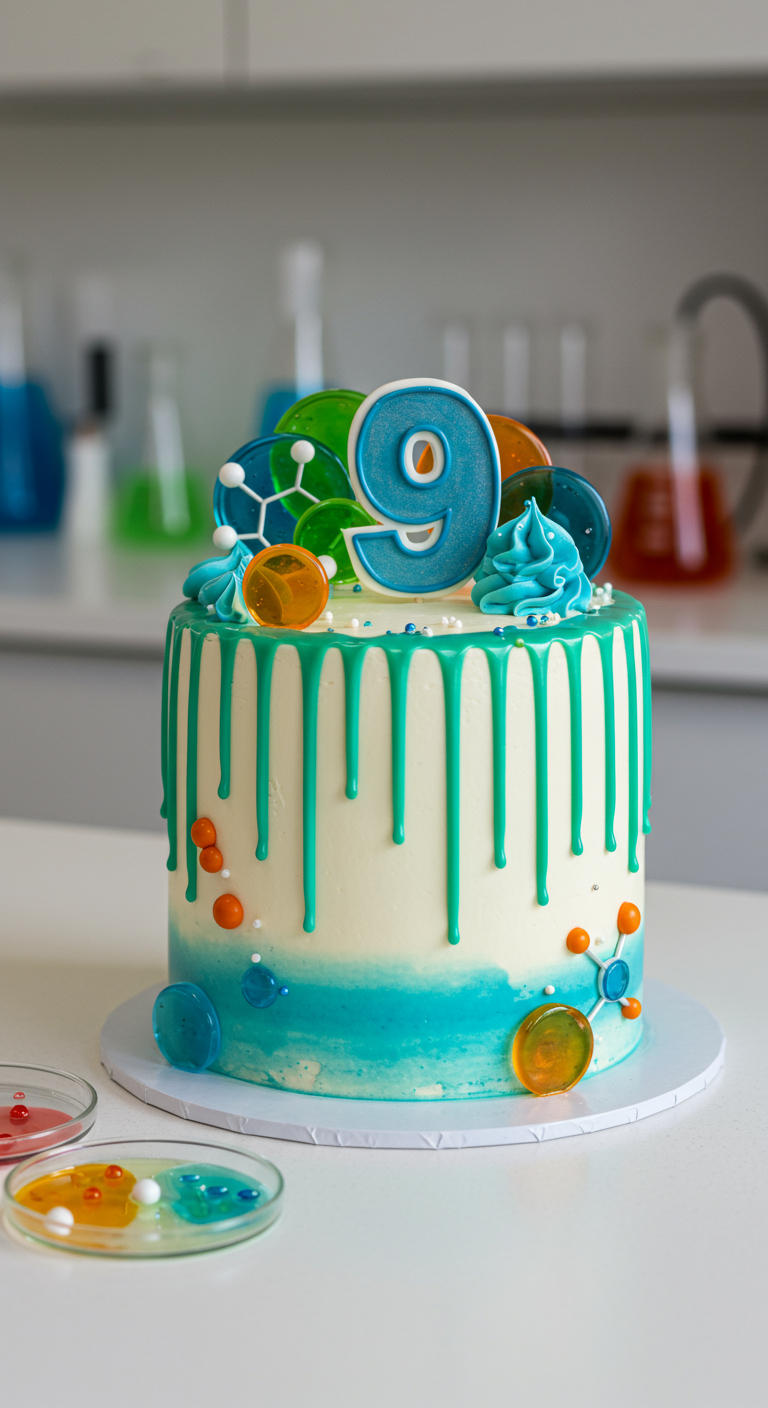 Weiße Torte mit türkisfarbenem Drip, bunten Molekül-Dekorationen und einer großen Neun.
