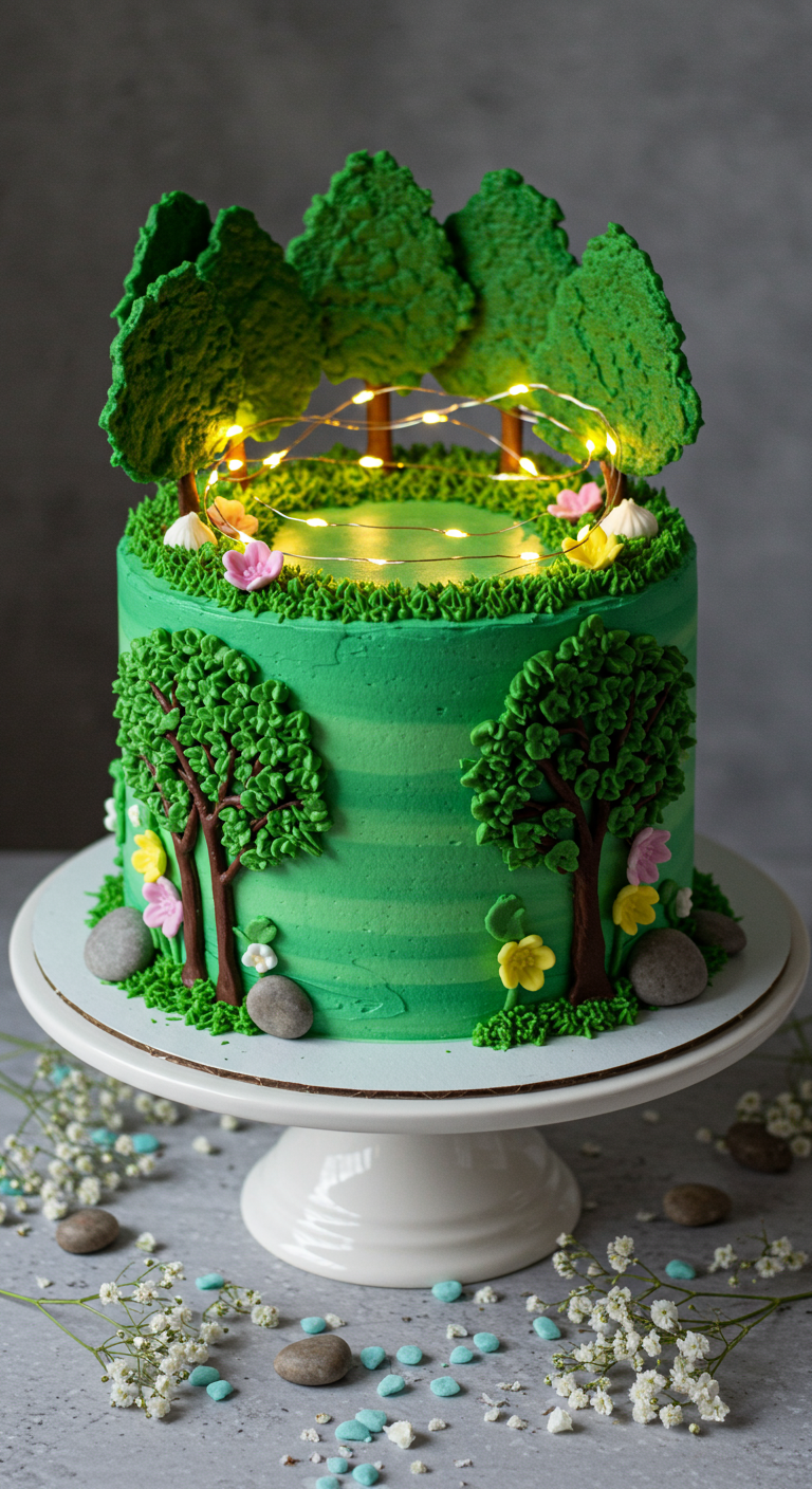 Grüne Torte mit Fondantbäumen, einem „See“ und einer kleinen Lichterkette.