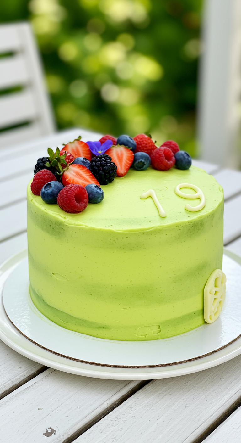Hellgrüne Torte mit frischen Beeren obenauf und einer weißen Schokoladen-