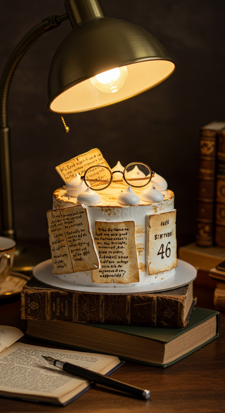 Torte dekoriert mit Esspapier-Buchseiten, Schrift und einer Brille als Topper.