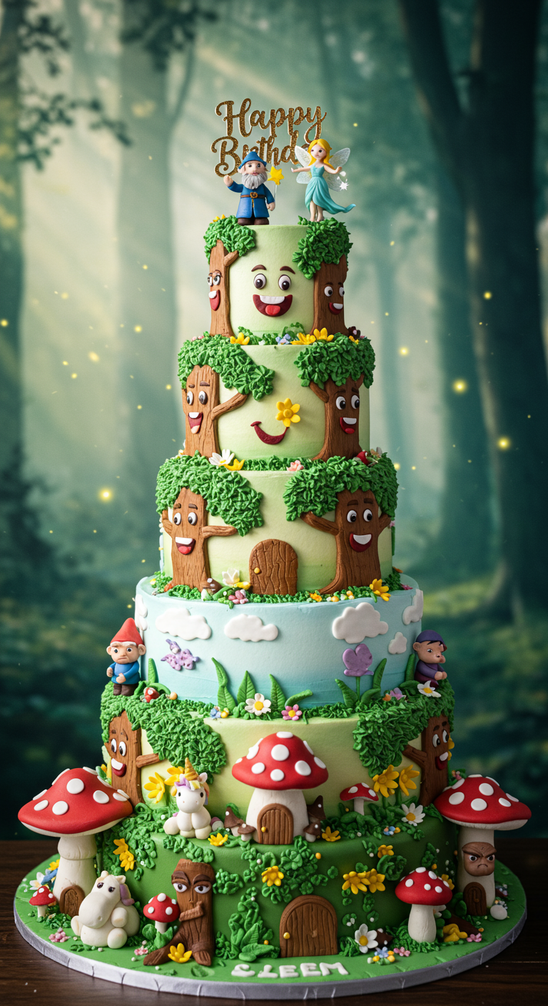 Mehrstöckige Wald-Torte mit Bäumen mit Gesichtern und Märchenfiguren.