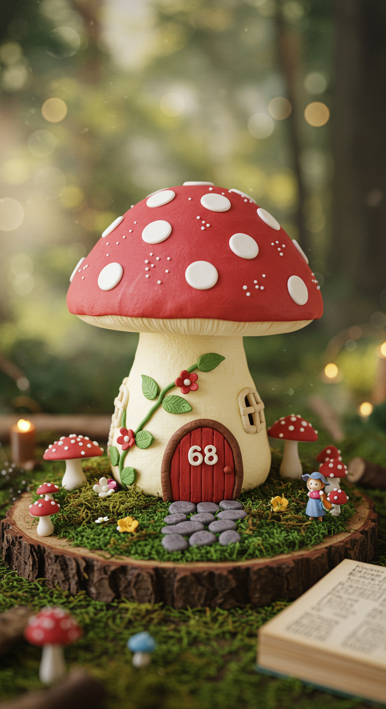 Kuchen in Form eines Fliegenpilz-Hauses mit kleinen Figuren.
