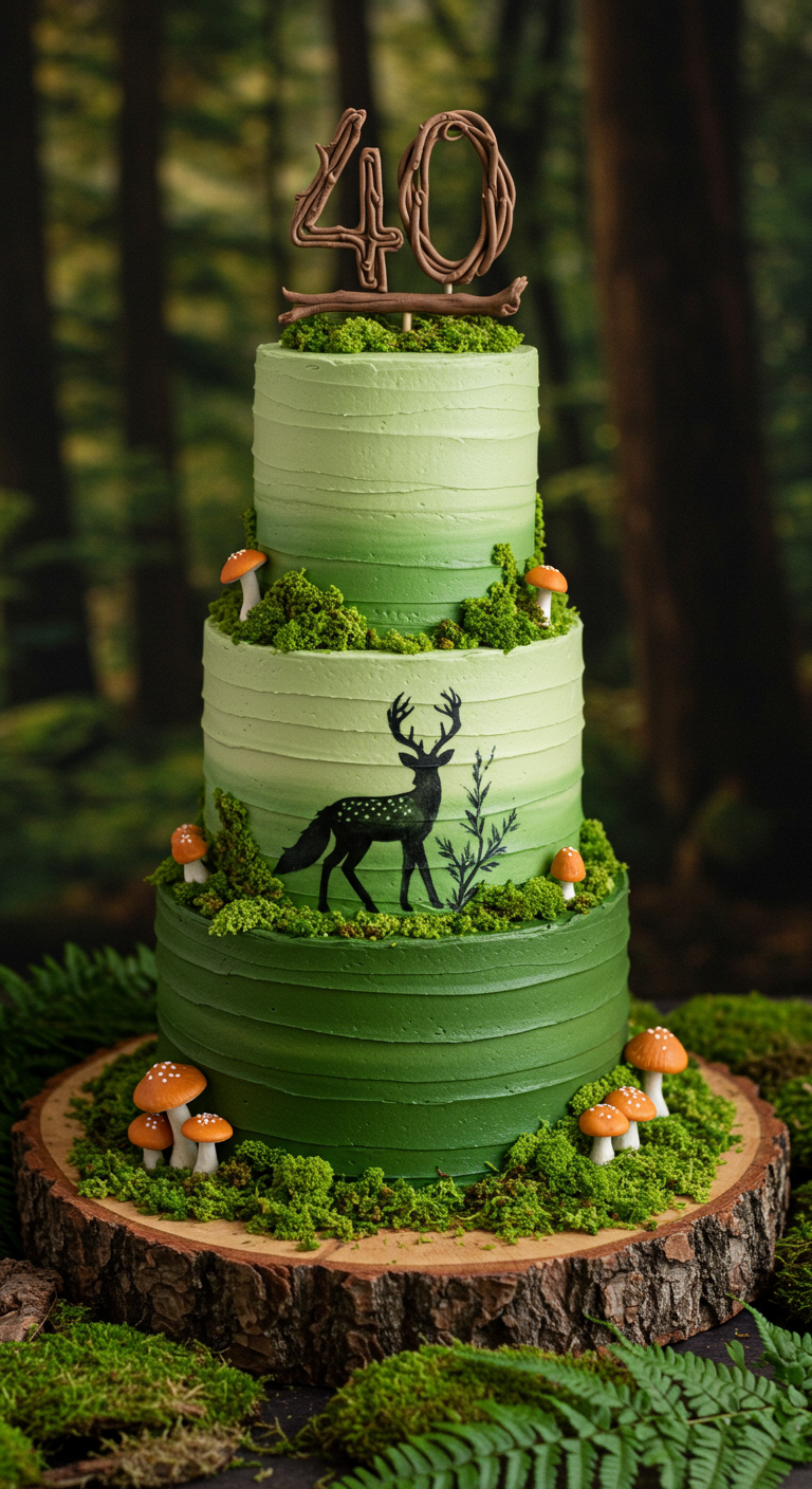 Dreistöckige grüne Ombré-Torte mit Wald-Motiven, Hirsch und Pilzen.