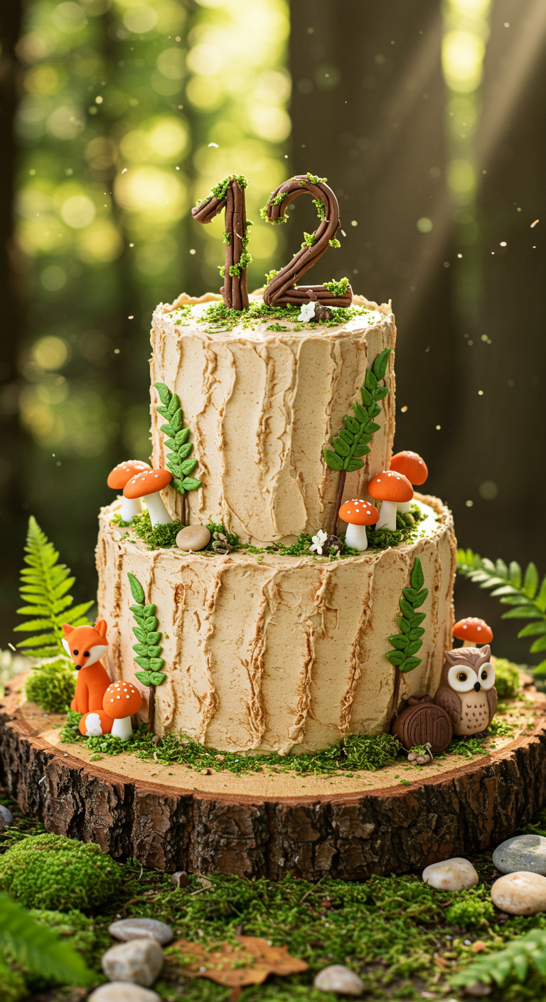 Zweistöckige Wald-Themen-Torte mit Rindenmuster, Moos, Fondant-Pilzen und Tierfiguren.