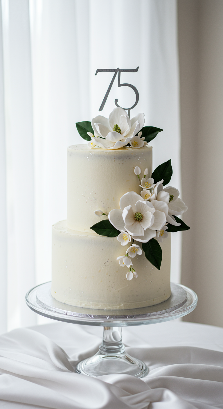 Zweistöckige cremefarbene Torte mit weißen Zucker-Magnolien und silbernem 75-Topper.