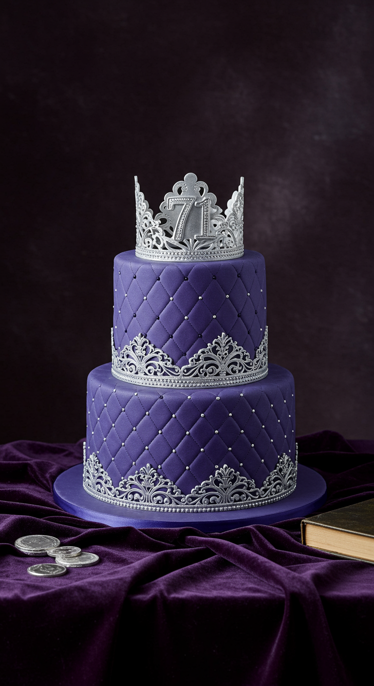 Zweistöckige lila Torte mit Rautenmuster, silbernen Ornamenten und silberner Krone als Topper.