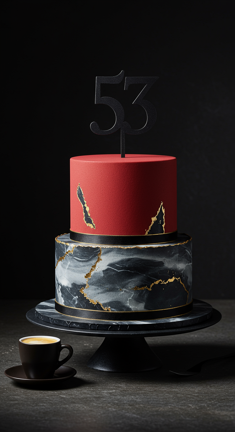 Zweistöckige Torte: untere Etage schwarz-weiß marmoriert, obere rot, mit Goldlinien und Zahl 53 Topper