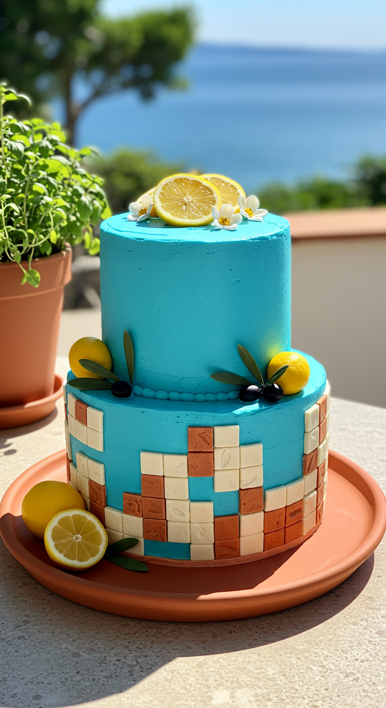 Zweistöckige Torte mit Mosaikmuster unten, blau oben, dekoriert mit Zitronen.