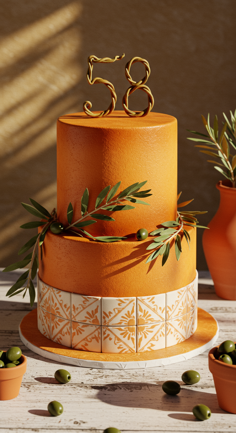 Orangefarbene Torte mit Olivenzweigen und einem Band aus mediterranen Kacheln.