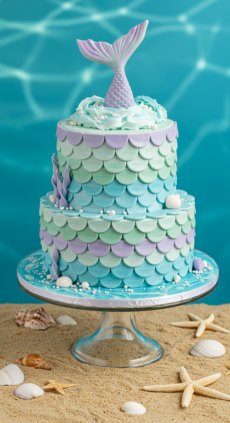 Zweistöckige Meerjungfrauen-Torte mit pastellfarbenen Schuppen und Flossen-Topper.